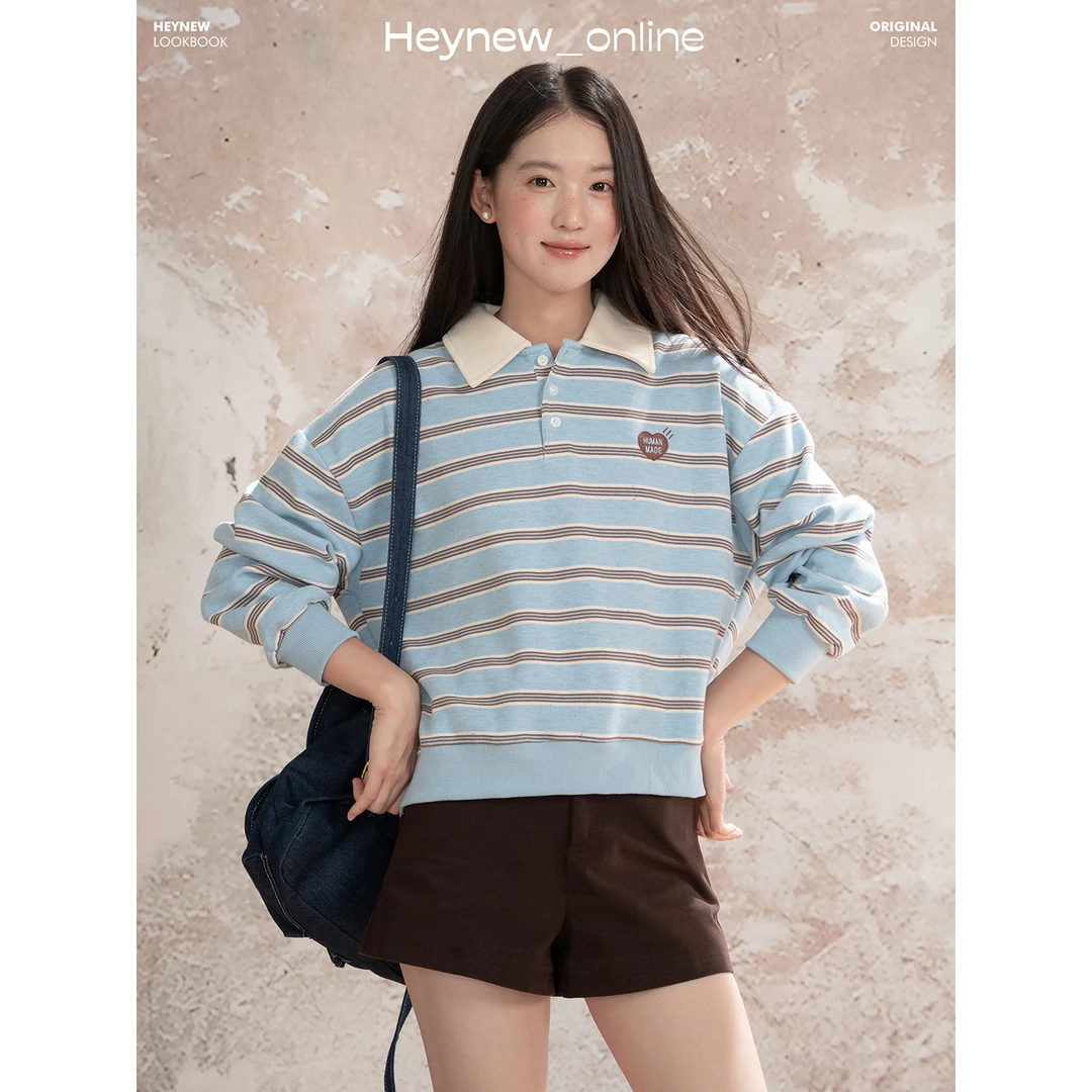 LOVEHEYNEW复古撞色条纹Polo领卫衣简约休闲慵懒感上衣5Q250