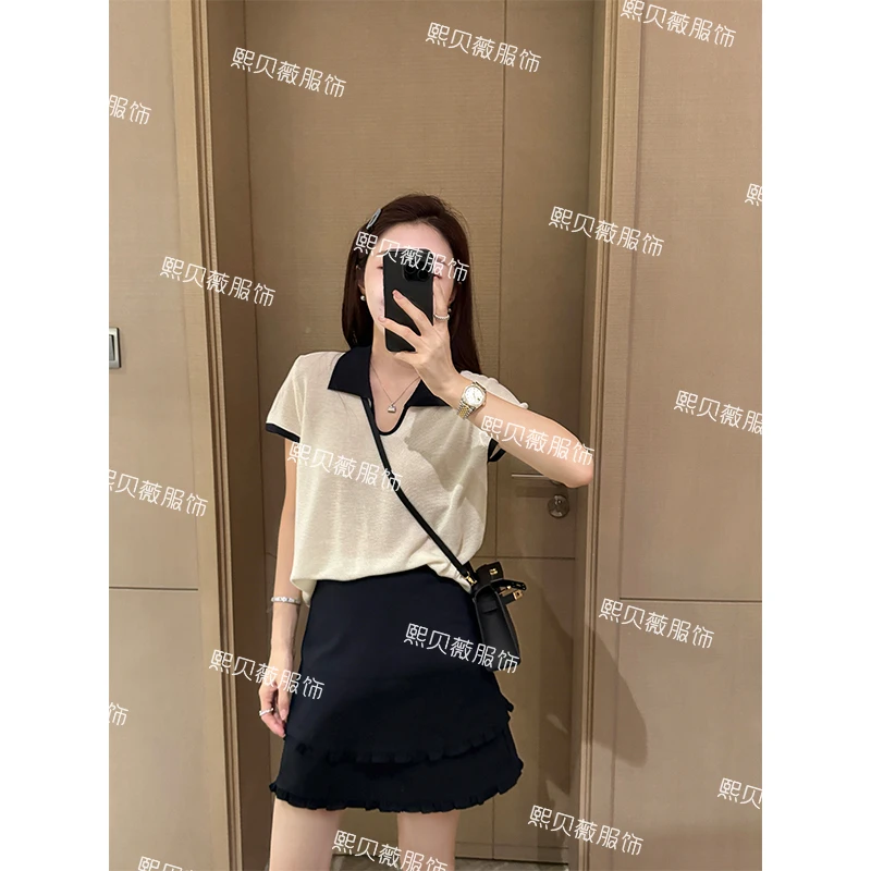 熙贝薇6 【轻氧假日】欧货高品质剪刀领小飞袖撞色针织小衫 G7861