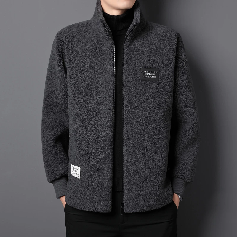 HAMOLENA高端羊羔绒外套男士冬季新款加厚立领休闲夹克男款大码