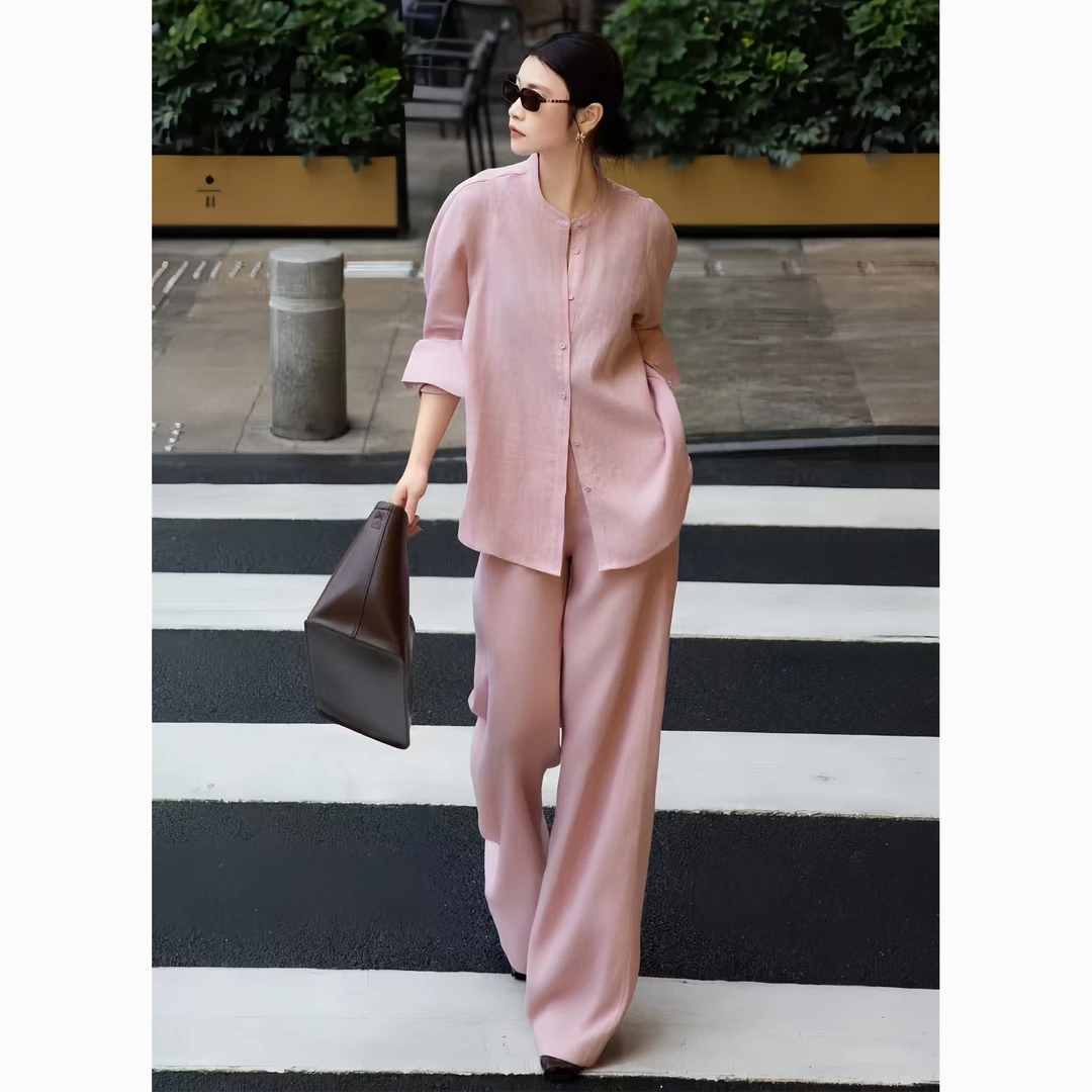 ZEROYK度假风洋气减龄衬衫套装高级感100亚麻宽松上衣长裤两件套