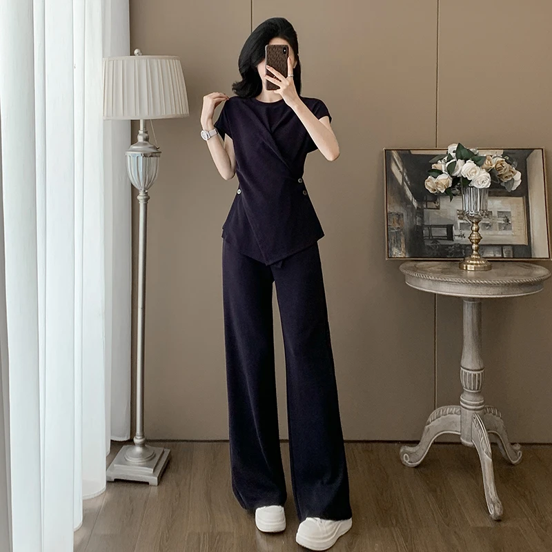 姬感小姨风休闲时尚套装女夏设计感高端显瘦短袖上衣阔腿裤两件套