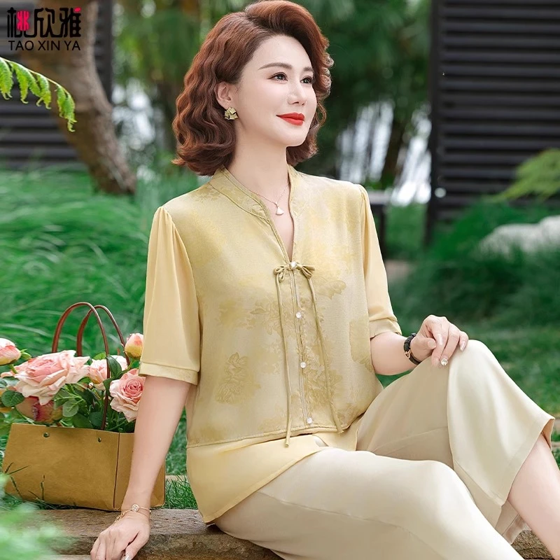 妈妈夏装短袖衬衫国风套装2025新款洋气衬衣中老年女装夏季上衣服