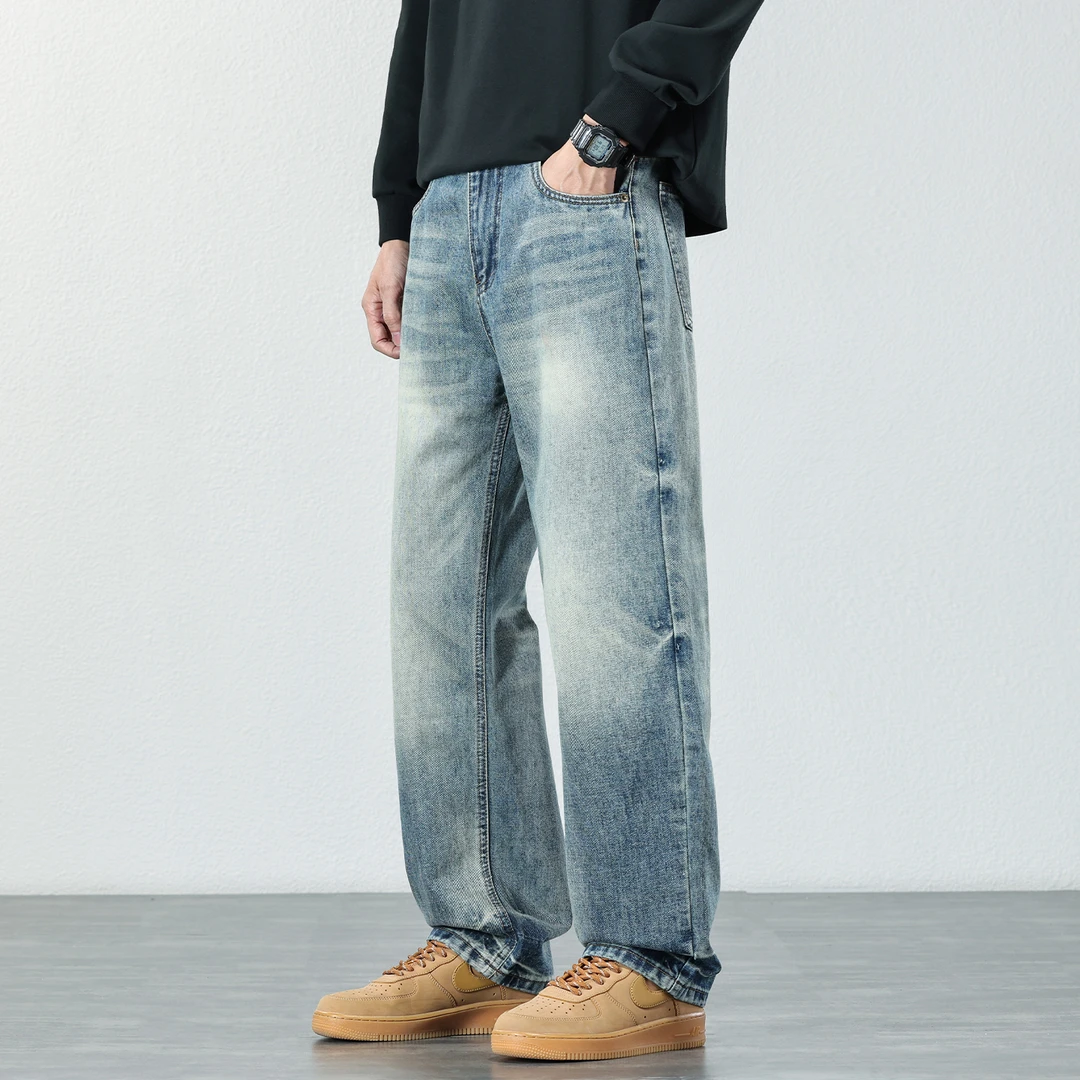水洗怀旧阔腿牛仔裤男士2025秋冬季休闲直筒长裤宽松潮牌大码男裤