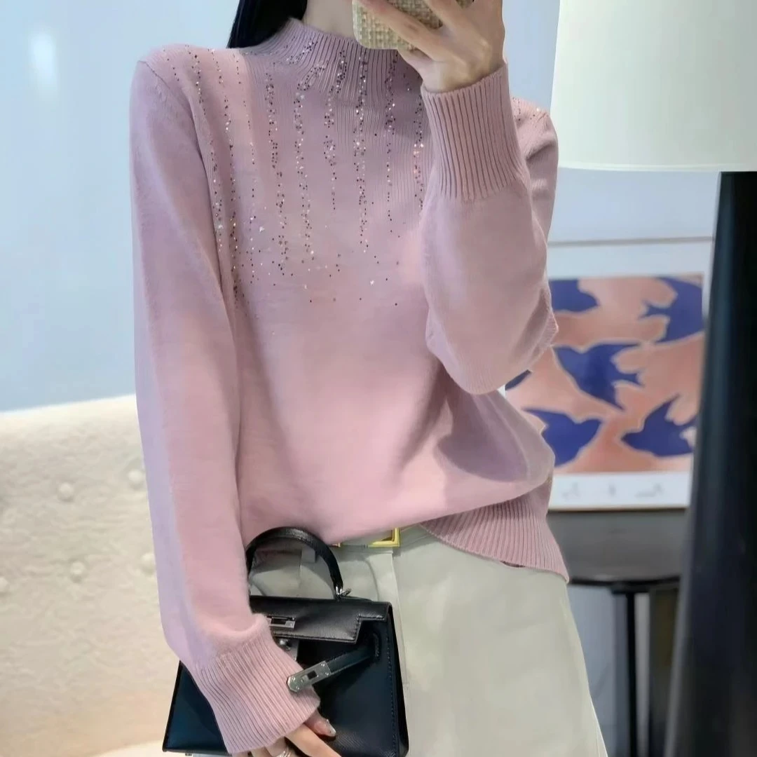 【流星碎钻】秋冬新款烫钻半高领打底衫女宽松内搭毛衣长袖针织衫