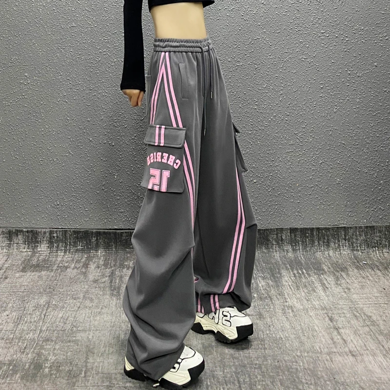 帅气拼色条纹装饰宽松运动弯刀裤女秋新款高腰显瘦百搭直筒休闲裤
