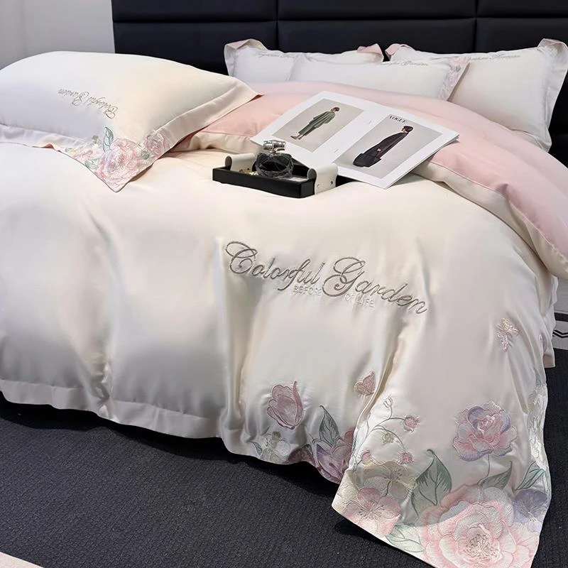 轻奢高级感A类母婴级刺绣四件套100被套床单床笠床上用品磨毛简约