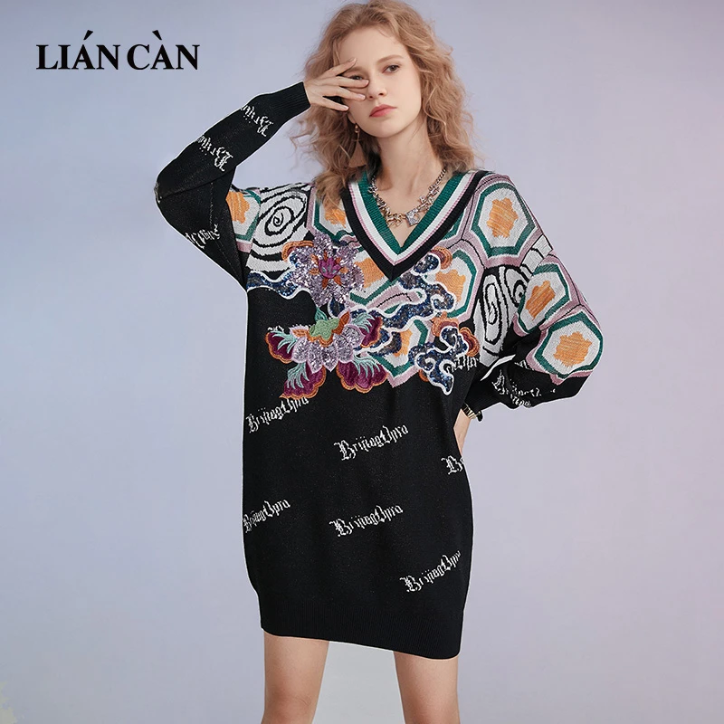 莲灿24秋冬新百搭修身提花刺绣毛织长袖连衣裙71AW321002