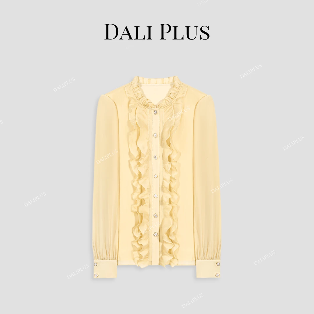 DALI PLUS原创设计高级感珍珠法式双层荷叶花边天丝衬衫-D5ST1056