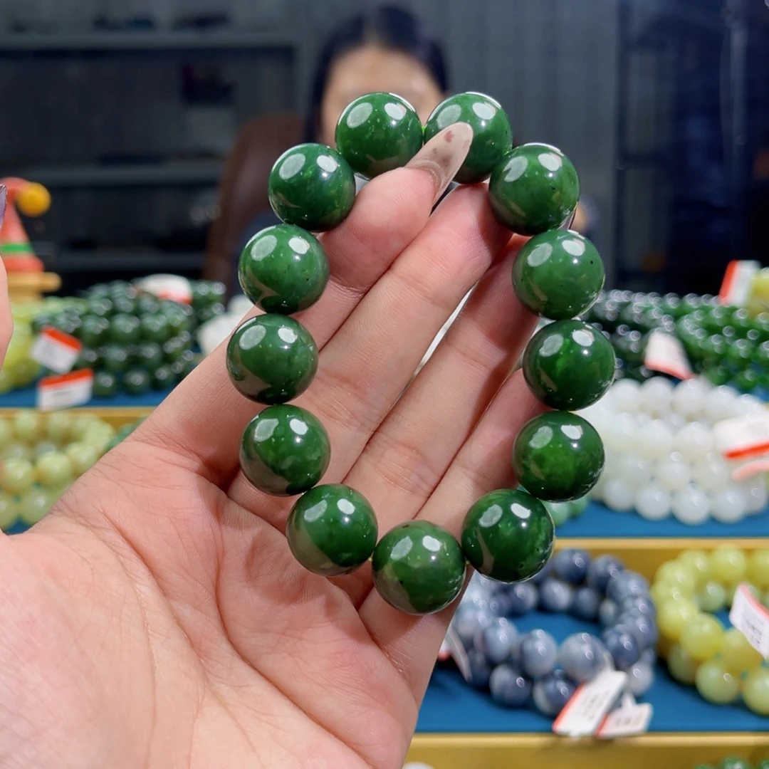 和田玉未镶嵌手链天然和田玉俄碧菠菜绿手串16微瑕