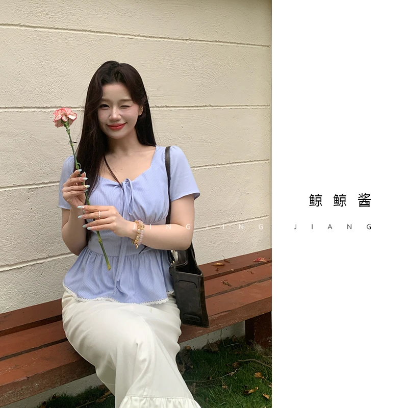 ZOZ鲸鲸酱 【横琴岛】时尚学院风修身 小众设计感收腰遮肉T恤上衣