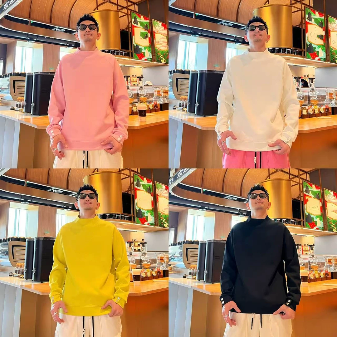 纯色半高领时尚百搭男士帅气通勤风男士套头袖口按扣设计感卫衣