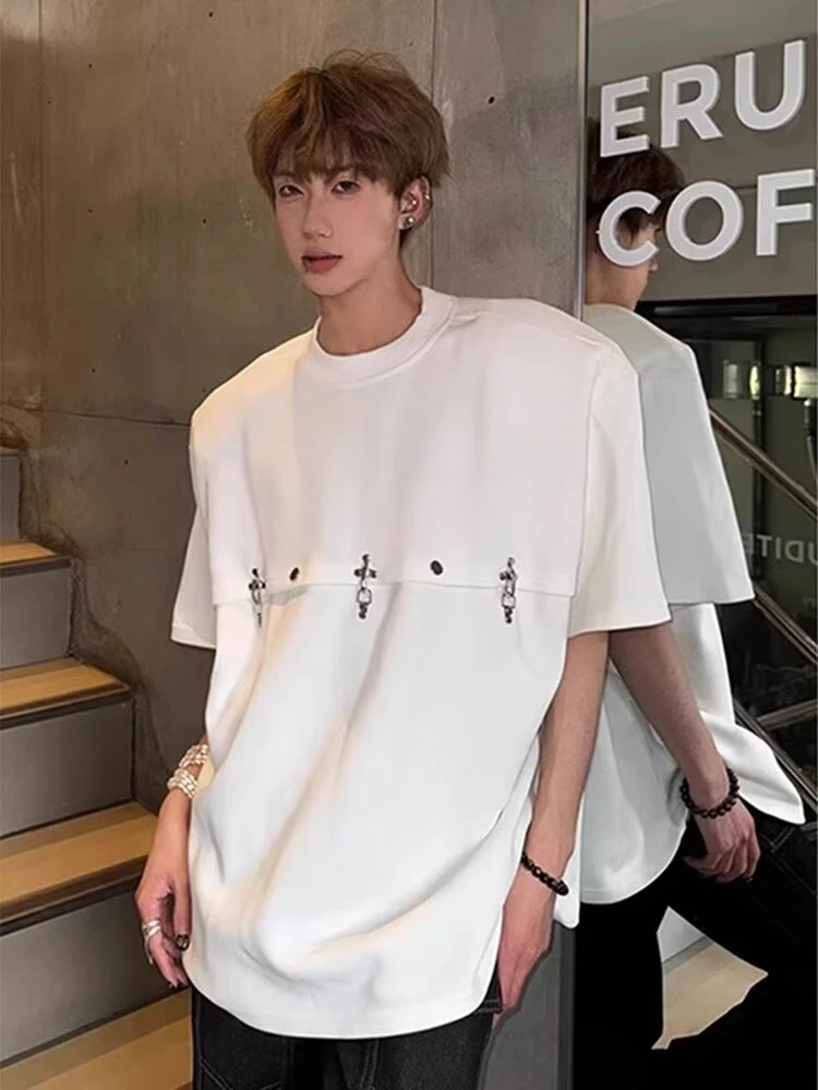 新款重磅短袖t恤男夏季小众设计感金属飞机扣美式潮牌五分袖体恤