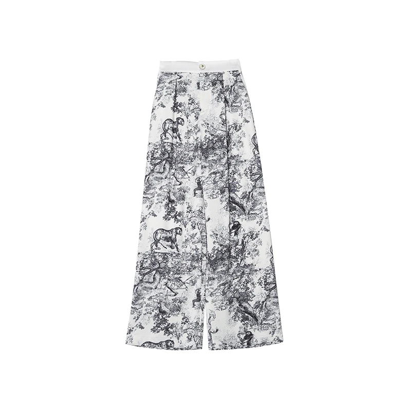 香风裤子茹伊印花图案水墨印花休闲阔腿裤直筒裤慵懒风女22766