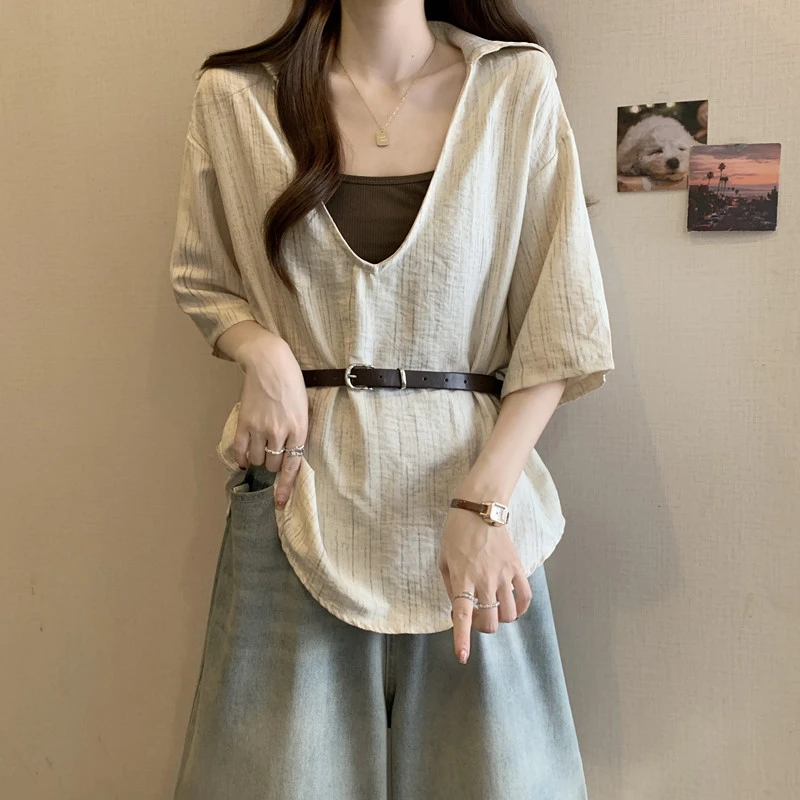 大码女装配腰带收腰深V领短袖衬衫女2025夏气质宽松显瘦衬衣上衣