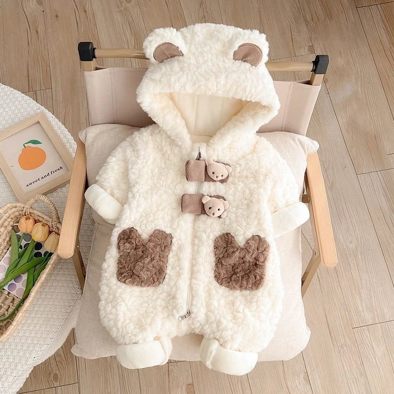 婴幼儿冬季加厚防风外出外套加绒连帽哈衣超萌保暖男女宝宝连体衣