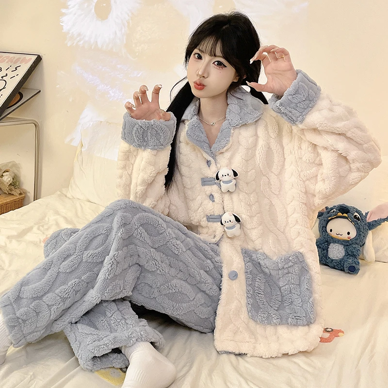 睡衣女款冬季珊瑚绒加厚加绒长毛绒卡通两件套新款保暖冬天家居服