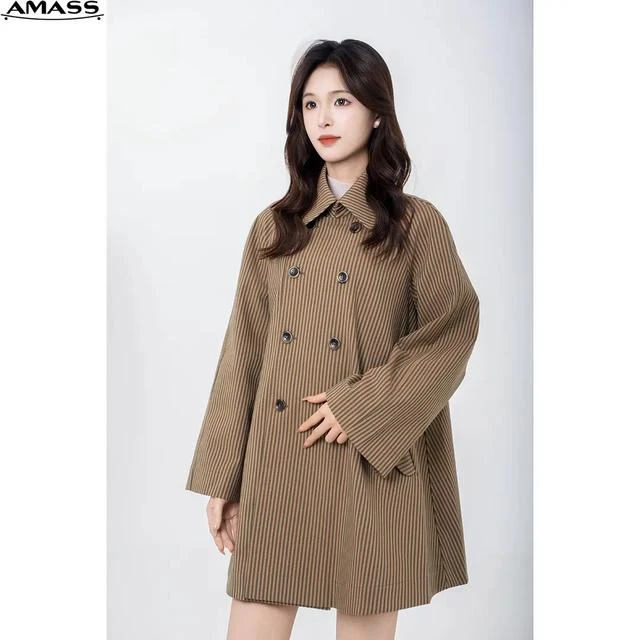 AMASS/阿玛施新款休闲收腰长袖经典慵懒风双排扣风衣外套5400631