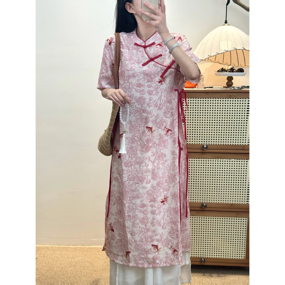 【雲笙墨-锦鲤】新中式短袖宽松腰绳连衣裙夏季女