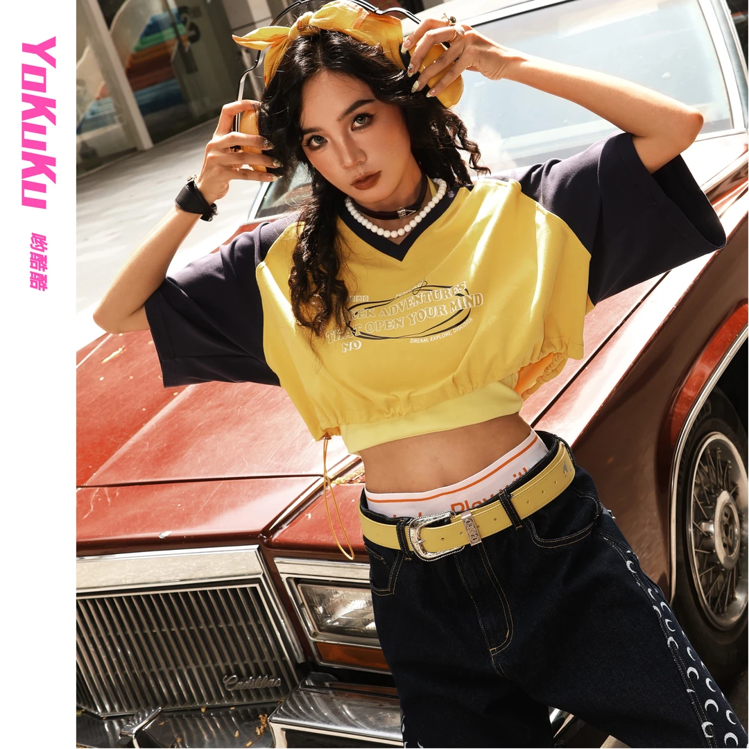 哟酷酷（美高转校生）美式复古街头撞色圆领短袖腰抽绳短款T恤上衣