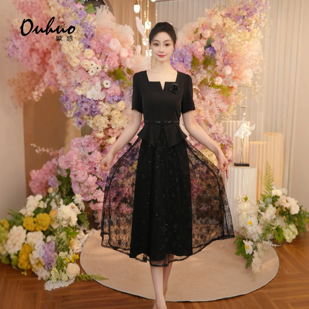 2025年夏季新款黑色网纱重工刺绣收腰显瘦减龄连衣裙女OHDRI06020