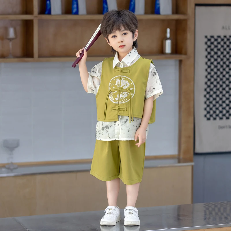 儿童汉服夏装洋气男童2025新款新中式马甲三件套宝宝夏季国风唐装