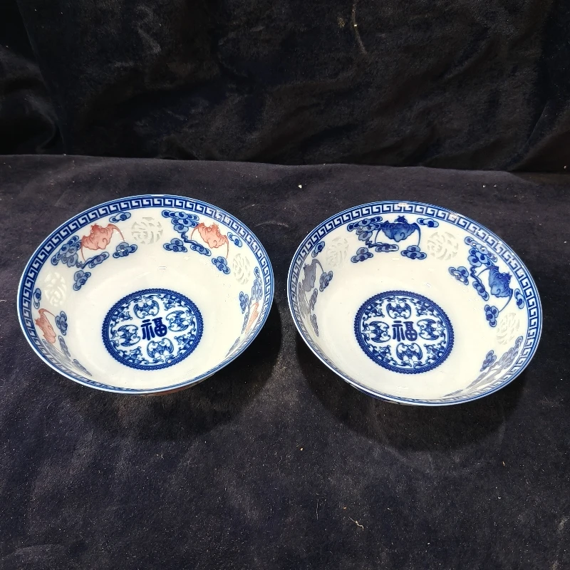 【18.5CM/七寸】景德镇面碗汤青花玲珑釉下彩五福临门厂瓷陶瓷煤窑