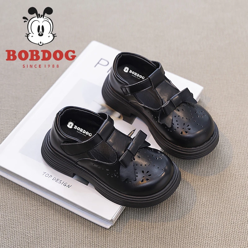 巴布豆新款女童小皮鞋蝴蝶结花边演出鞋小女孩公主软底鞋子儿童鞋