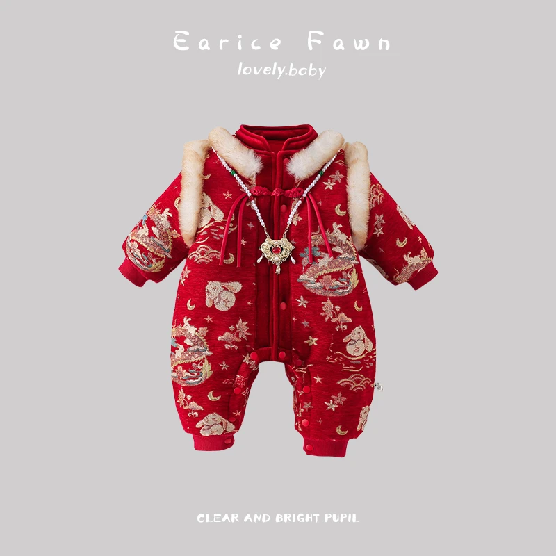 DD可爱宝宝冬季加绒加厚连体衣网红国风夹棉棉衣婴儿洋气超萌爬爬