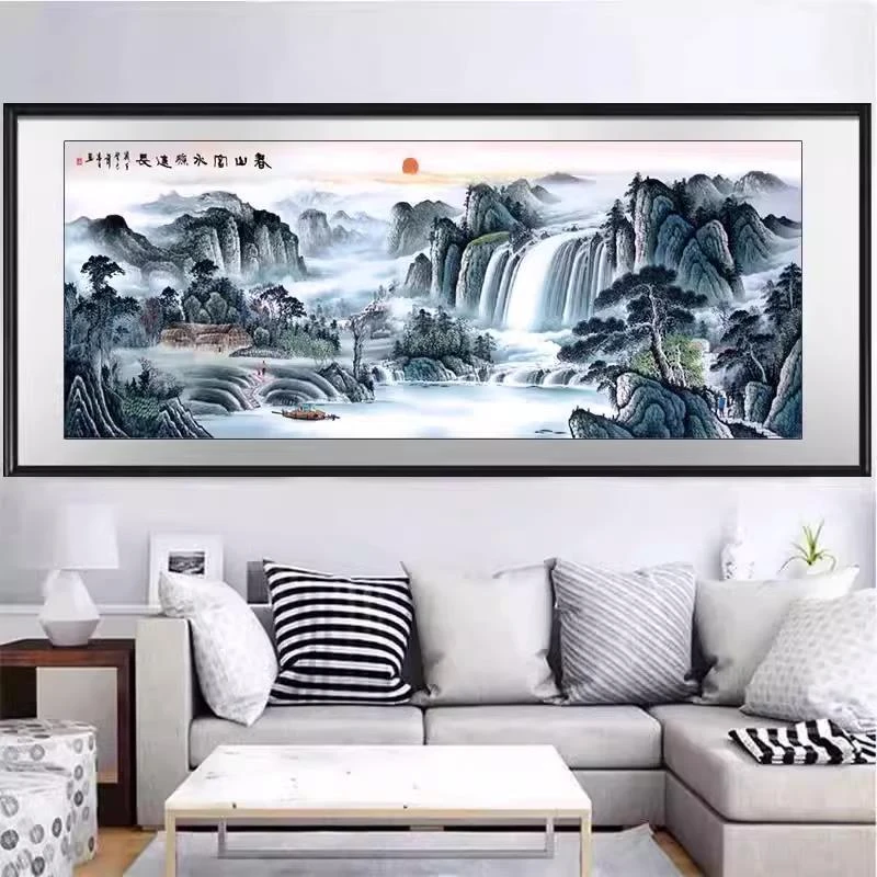 2.7大纯手工绣好十字绣成品783富山富水客厅挂画