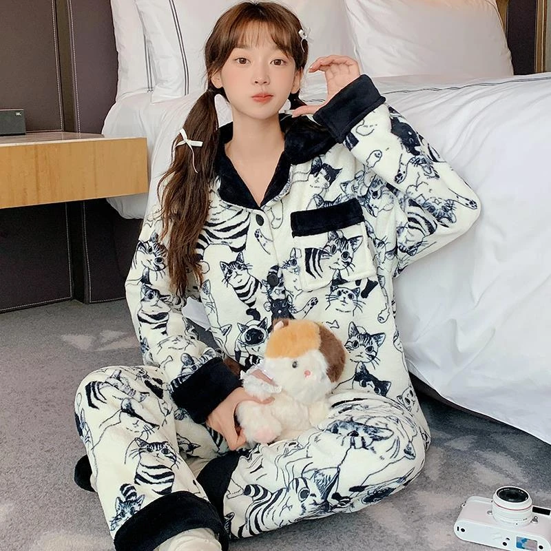 法兰绒睡衣女秋冬季长袖长裤卡通可爱猫咪ins风加厚绒保暖家居服