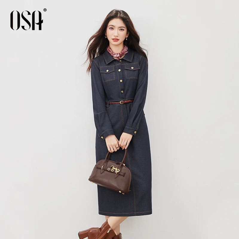 OSA复古牛仔连衣裙女秋流行风格新款收腰显瘦中长款裙S125C13002