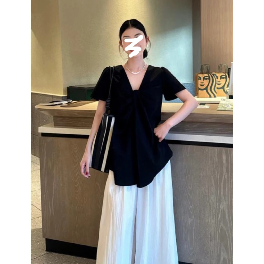 大码微胖纹夏季花瓣袖成人V领薄款衬衫气质欧若假日风