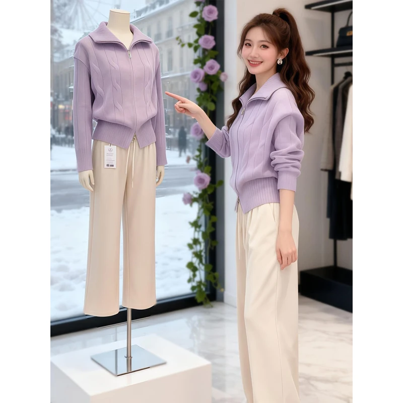 温柔奶fufu叠穿高领拉链毛衣开衫女春季秋冬加厚麻花针织上衣外套