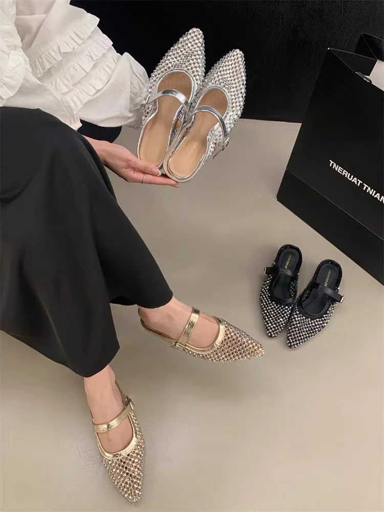 新疆法式包头个性尖头中跟日常水钻气质高跟包头拖方头608-3