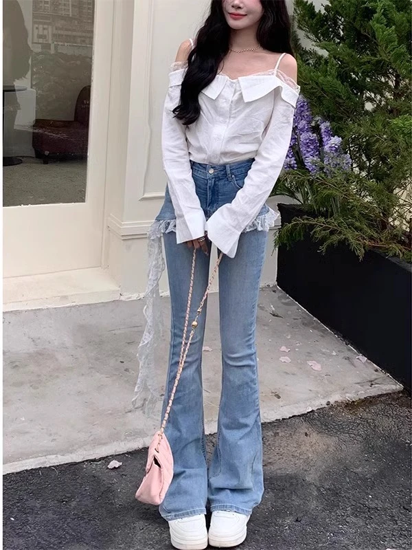 2025夏季法式辣妹蕾丝花边微喇牛仔裤女假两件洋气高腰显瘦长裤子