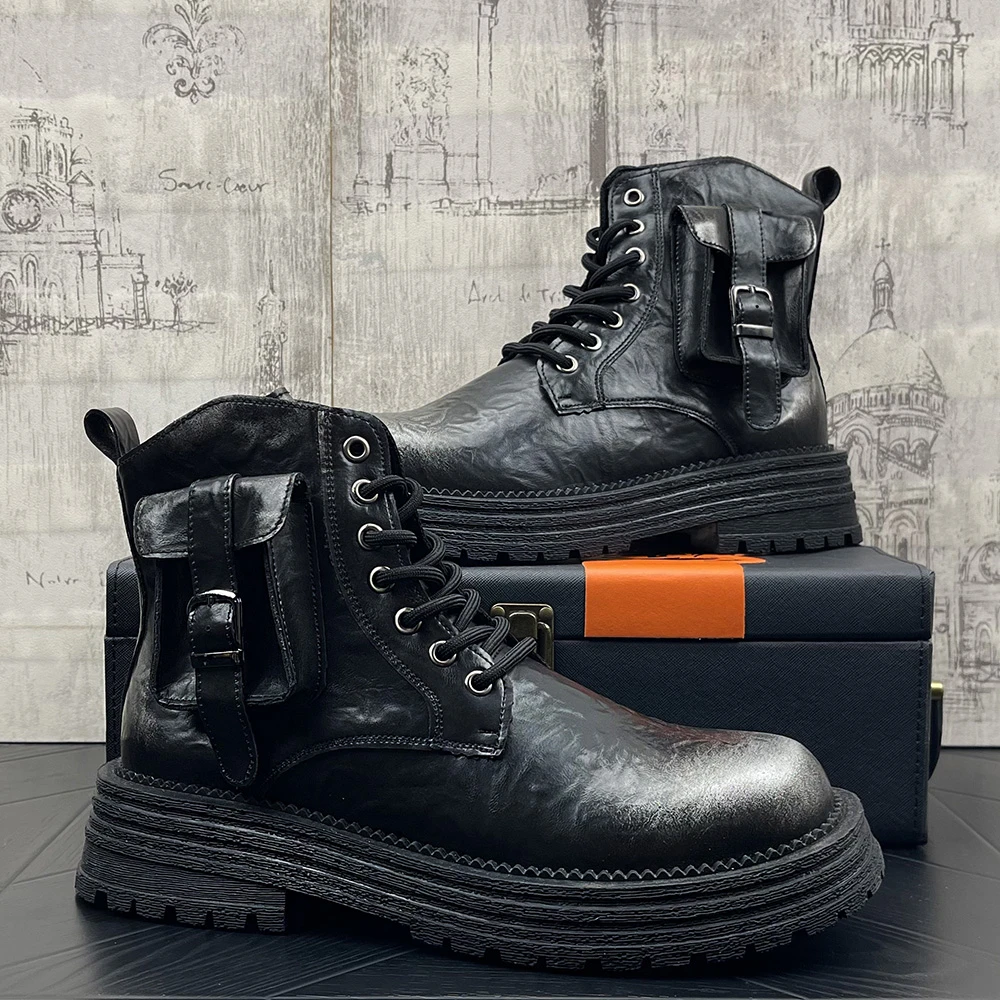 秋冬新款复古擦色厚底增高马丁靴时尚英伦风漆皮软底防滑休闲男靴