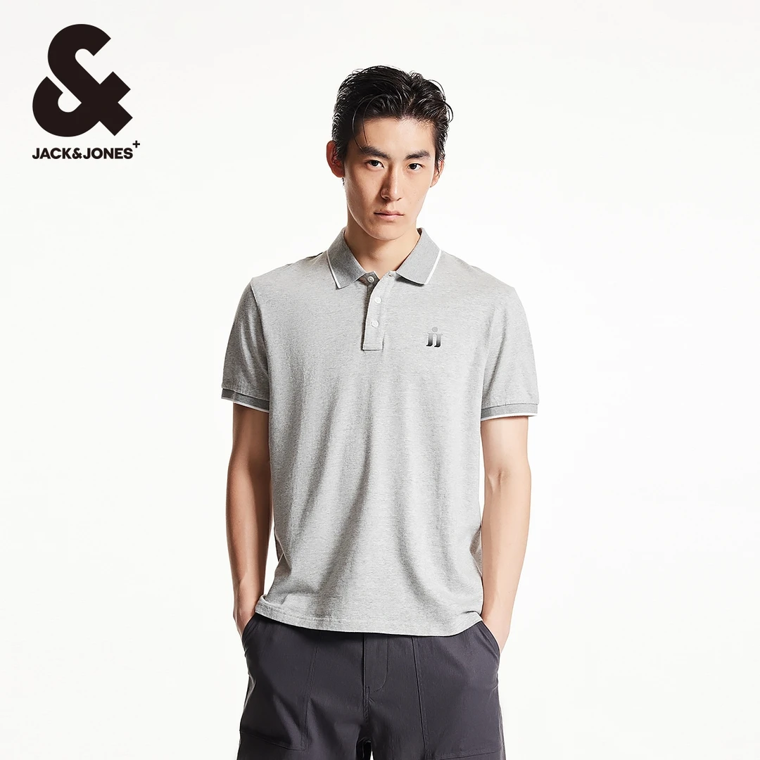 杰克琼斯秋季新款百搭商务休闲logol贴布宽松翻领短袖上衣男装
