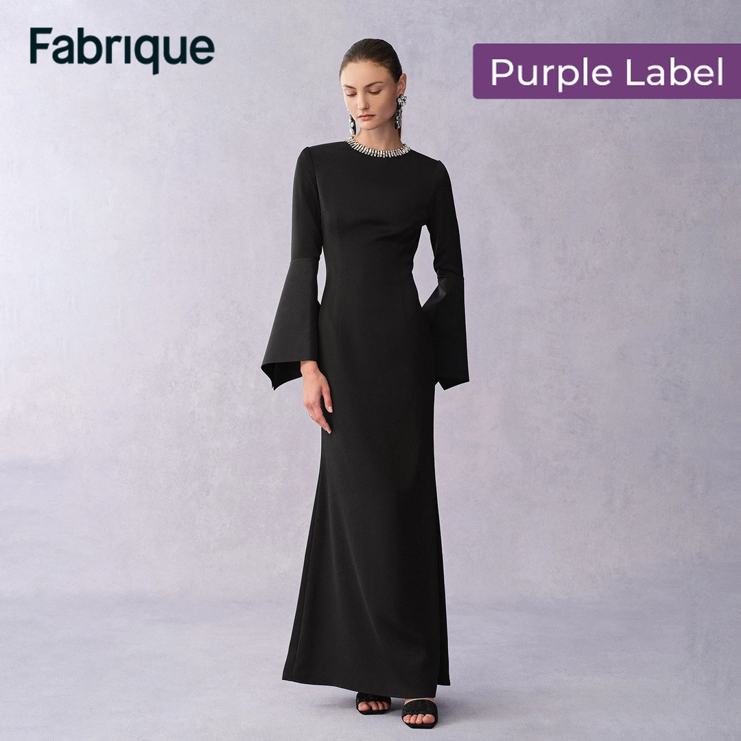 Fabrique朱珠同款【紫标】手工镶钻领饰收腰古典灵韵鱼尾礼服连衣裙