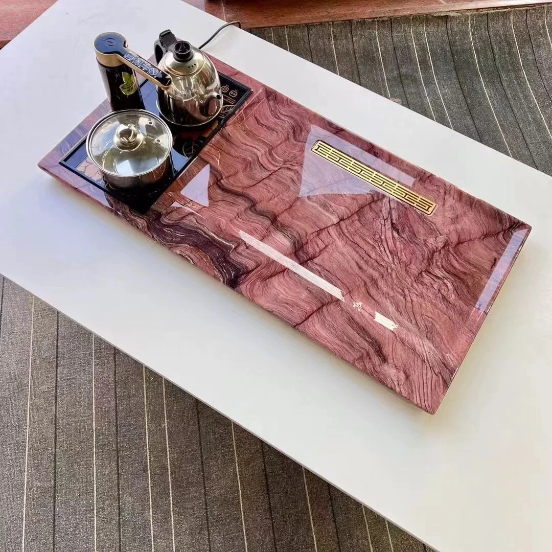 天然红丝绸奢石茶盘高端石材大理石排水茶台简约家用办公室茶海