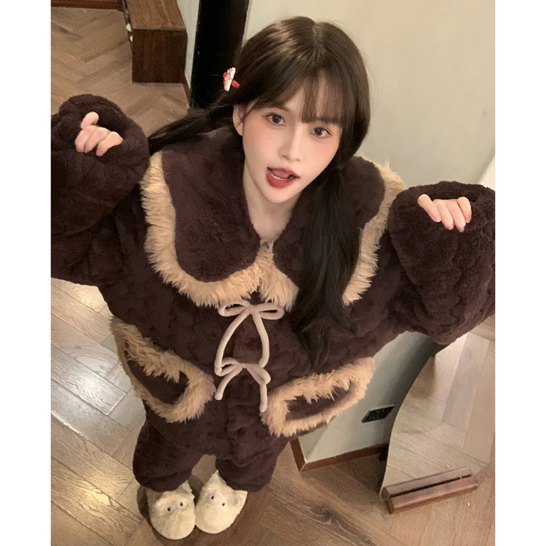 珊瑚绒冬睡衣女款爆款2025新款三层夹棉法兰绒加厚加绒家居服套装