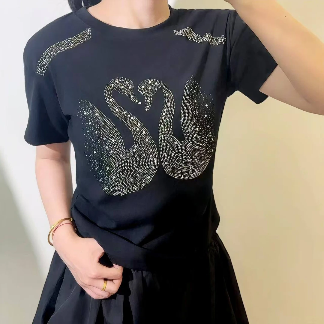 夏季2025新款重工天鹅烫钻短袖t恤女装短款收腰正肩小众上衣1440
