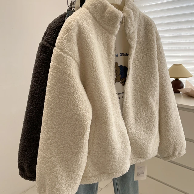 氛围感~立领毛毛外套女！24冬季小个子彷羊羔毛加厚休闲拉炼夹克