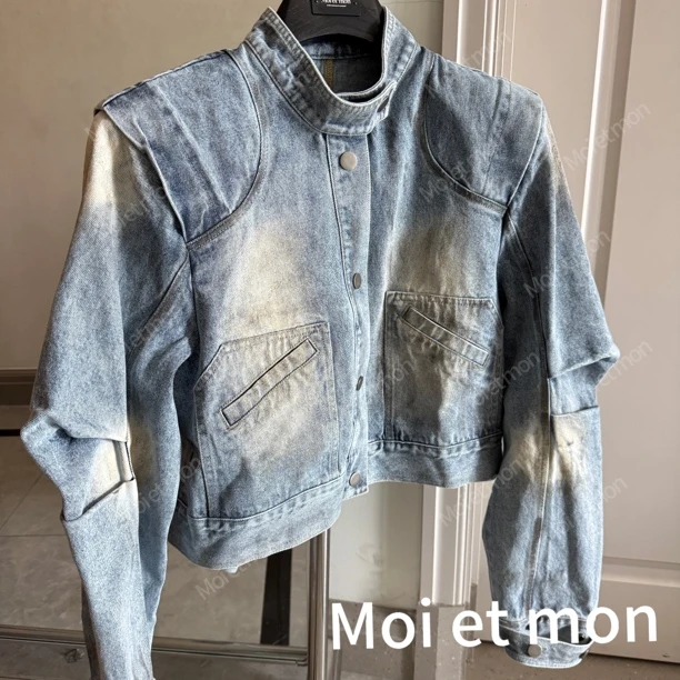 【Moi et mon】春季新款小众蓝色时尚休闲牛仔外套宽松折袖牛仔外套