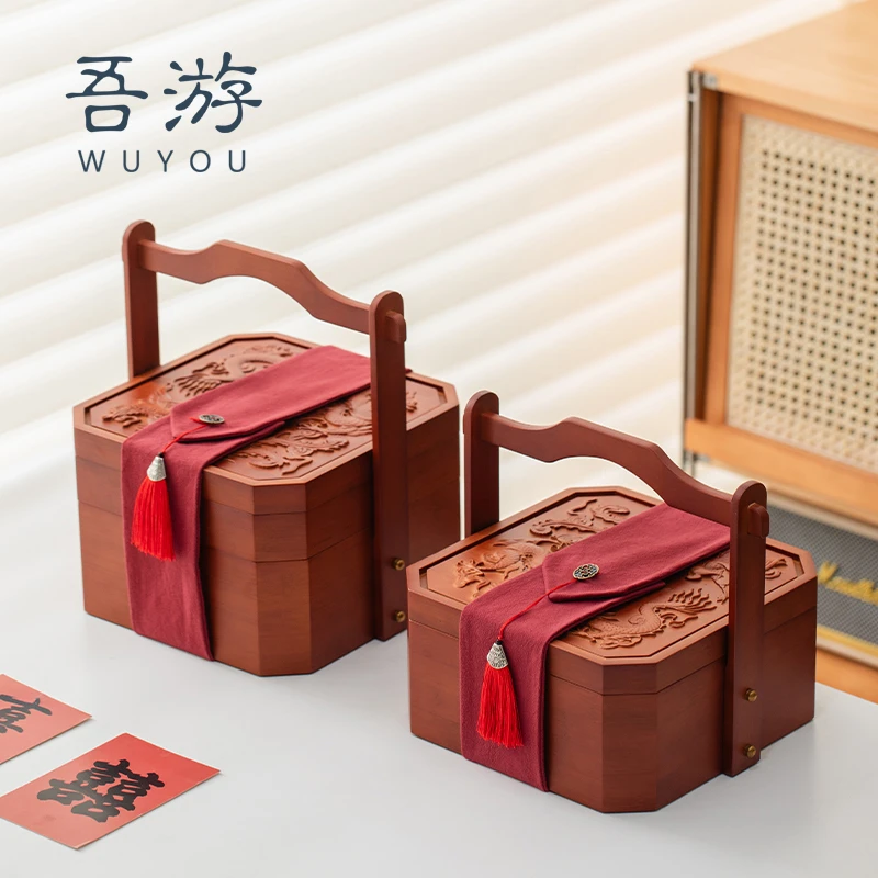 吾游彩礼盒中式结婚竹制龙凤双层礼金箱新娘陪嫁嫁妆首饰收纳盒