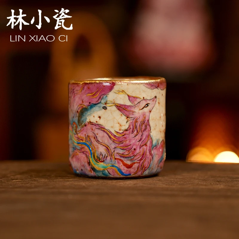 林小瓷九觉堂手绘九尾狐主人杯粉色九尾茶杯柴烧志野