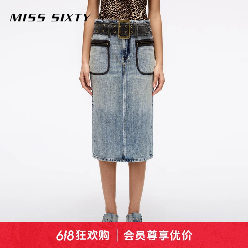Miss Sixty2025春季新款牛仔长裙女配腰带后开衩复古做旧洗水撞色