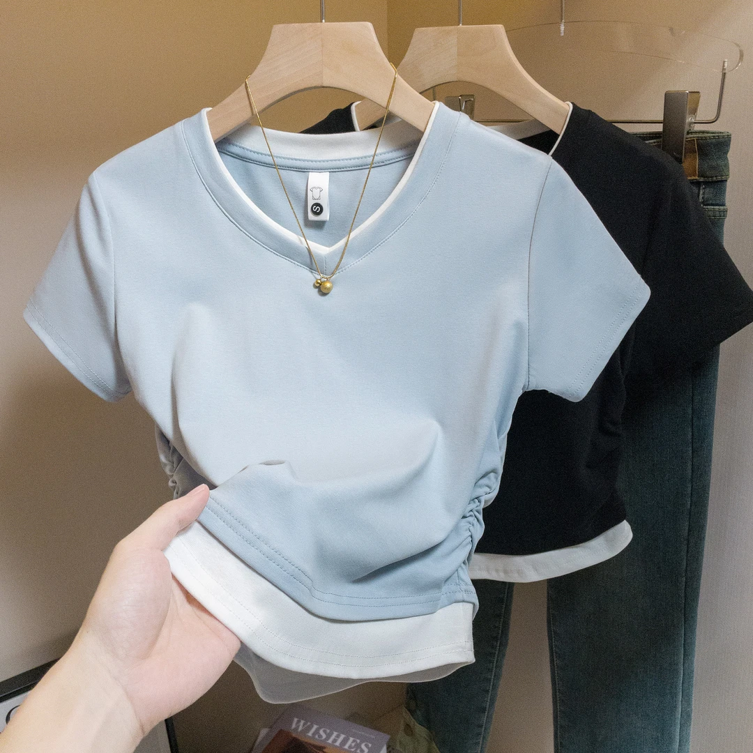 爆款2025新款女款显瘦V领正肩短袖t恤女夏季洋气百搭气质穿搭上衣