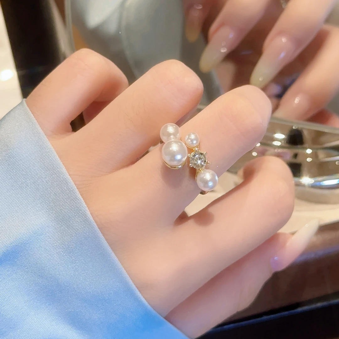 锌合金戒指 气质珠珠开口戒指女高级小众轻奢时尚款