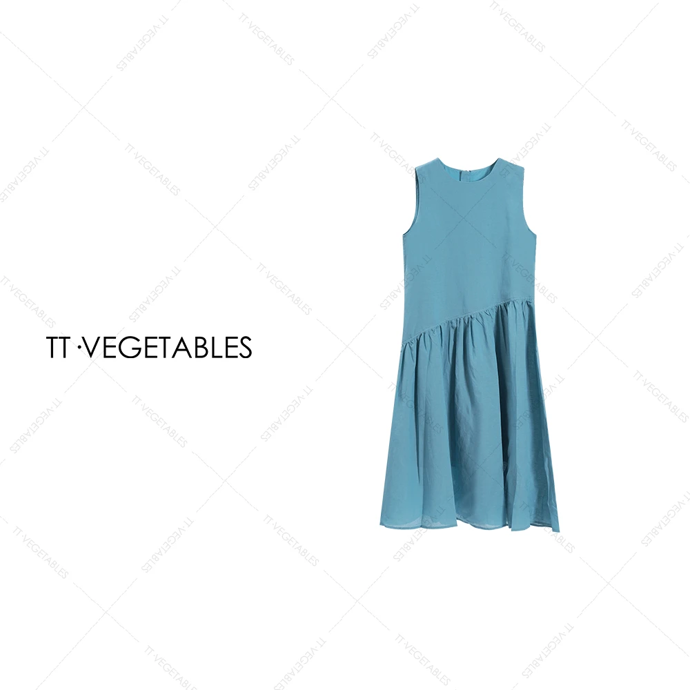 TT・VEGETABLES【序白】蓝衣  亚麻混纺无袖圆领长款连衣裙512032