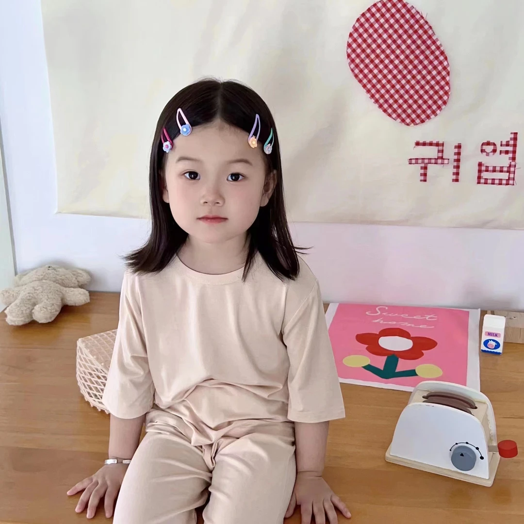 8509男女童夏季韩版洋气七分袖纯色空调服儿童家居套装薄款单选